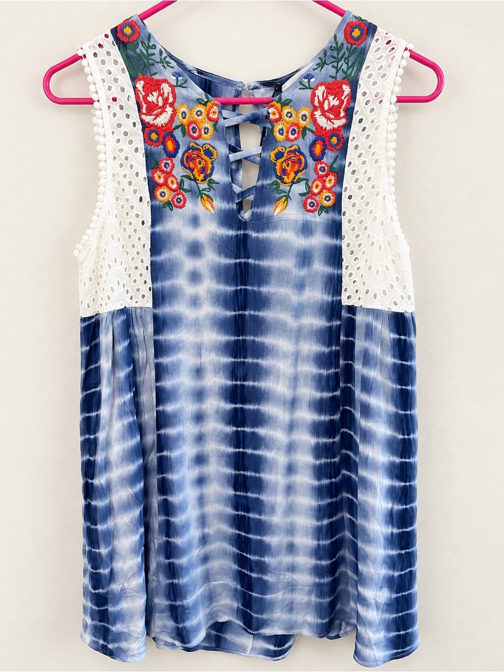 THML Blue Tie-Dye Sundress with Floral Embroidery